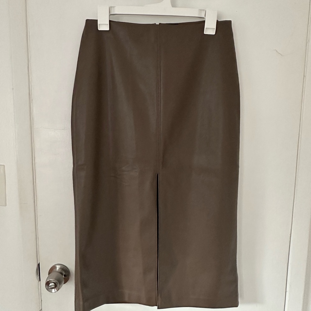Faux Leather Brown Pencil Skirt with slit in front